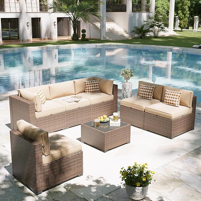 Aoxun Patio Furniture Set, 7 Piece Outdoor Sectional Sofas with Waterproof Cover, Wicker Rattan Outdoor Furniture Patio Conversation Set for Backyard, Garden (Brown Rattan Begin Cushions)