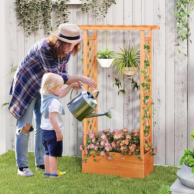 Giantex Raised Garden Bed with 2-Sided Trellis & Hanging Roof, Fir Wood Planter Box w/Drainage Holes, Bottom Gaps, Freestanding Garden Planter for Flowers Herbs Climbing Vines (31" x 12.5" x 60")