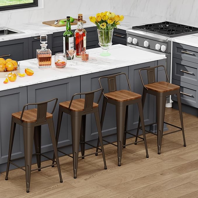 WENTMENT Bar Stools Set of 4 Counter Height Bar Stools Metal Barstools with Removable Back 26" Kitchen Bar Stools with Wooden Seat, Rusty
