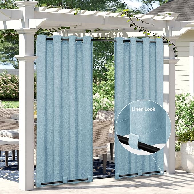 Easy-Going Linen Look Outdoor Curtains Waterproof Windproof Porch Curtains, Soft Thicken Outdoor Privacy Curtains for Patio, Gazebo, Grommet Top and Tab Bottom Drape, 1 Panel, 54x96 inch, Sky Blue