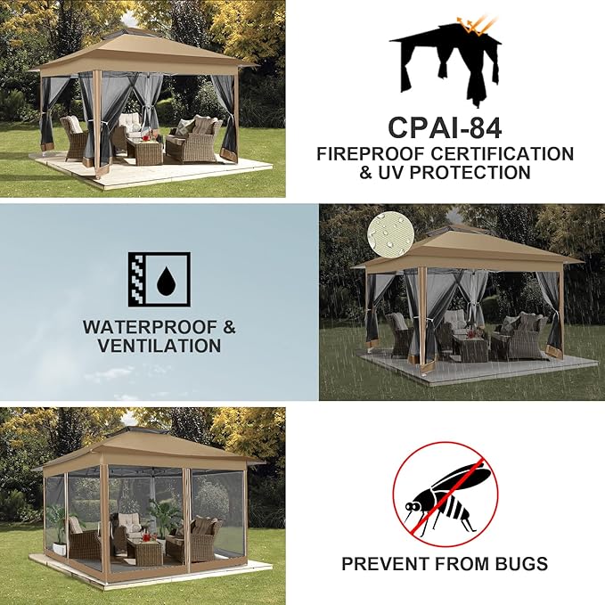 COBIZI 12x12 Pop up Gazebo on Clearance Canopy Tent, carpas para Patio, Outdoor Canopy with Portable Carrying Bag for Vendor, Outdoor Patio Gazebo for Garden, Backyard,Beach, Brown