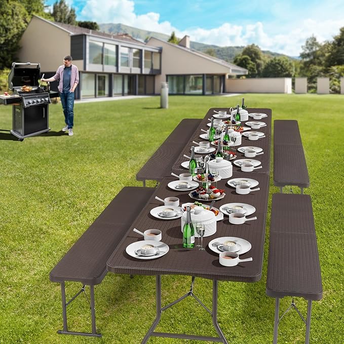 VINGLI 6 feet Plastic Folding Bench,Portable in/Outdoor Picnic Party Camping Dining Seat, Garden Soccer Multipurpose Entertaining Activities, Rattan Patterned HDPE Tabletop, 2 Pack, Brown