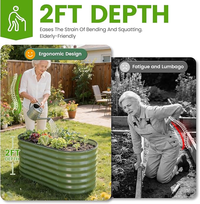 Galvanized Raised Garden Bed Outdoor 24'' Deep | Oval Metal Garden Beds with Easy Assembly & Planter Box for Planting Deep Root Vegetables Fruits Flowers, 4x2x2ft OliveGreen 2Pcs