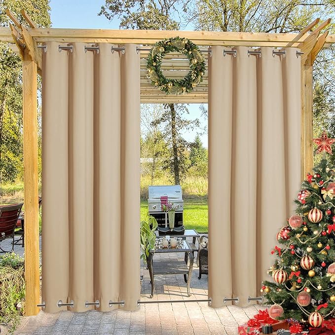 NICETOWN Outdoor Curtain for Patio Waterproof, Sunlight Block Rustproof Grommet Top and Bottom Windbreak, Thick Enough to Keep Sun/Rain Out for Deck, Biscotti Beige, W52 x L120, 1 Piece