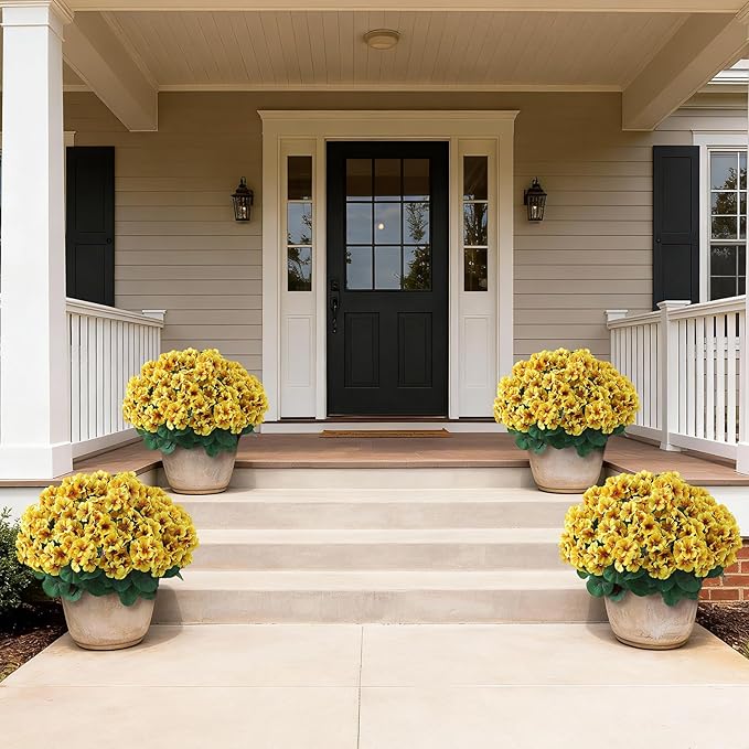 2 Pack Artificial Geranium Flowers Topitary Trees for Outdoors, UV Resistant Geraniums Potted Bushes Look Real Silk Faux Plants for Front Door Garden Porch Planter Farmhouse Home Decor (Yellow)