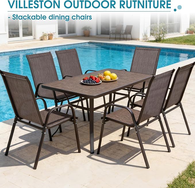 Outdoor Stackable Chairs Set of 6, Stacking Patio Chairs with Textilene Fabric, Outside Furniture for Garden Backyard Balconie Poolside Deck, Brown