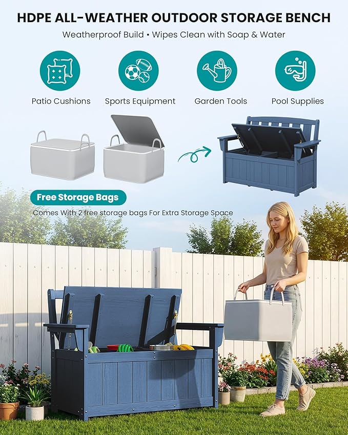 SERWALL HDPE Outdoor Storage Bench, All-Weather, UV-Resistant Deck Box with Waterproof Storage Bags, 57 Gallon Dual-Use Seat & Organizer Deck Boxes for Patio, Garden Tools & Pool (Navy Blue)