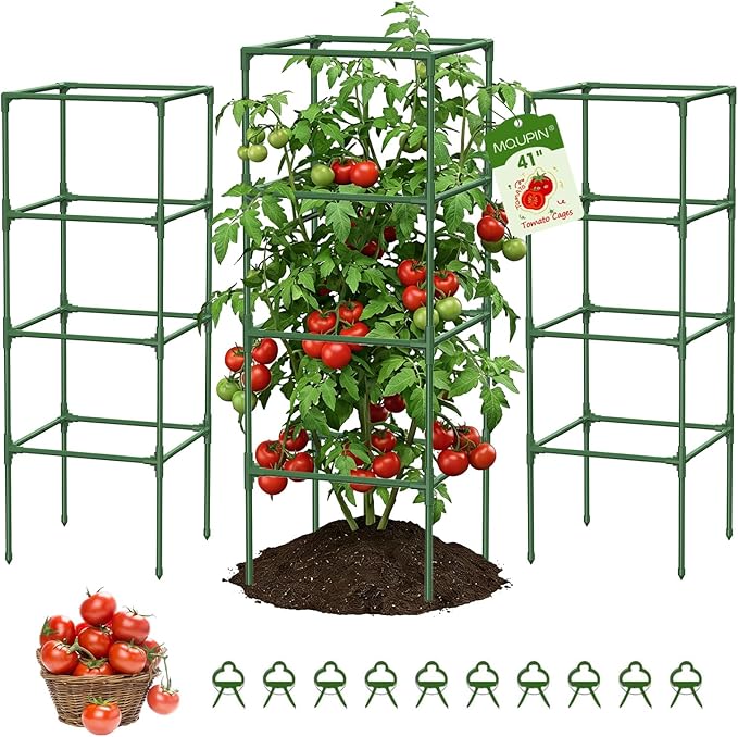 MQUPIN Tomato Cages,4 Packs Square Tomato Cage for Garden Plant Support,41 * 15 * 15in Heavy Duty Steel Plant Tower Stakes Trellis for Climbing Vegetables Flowers Fruits