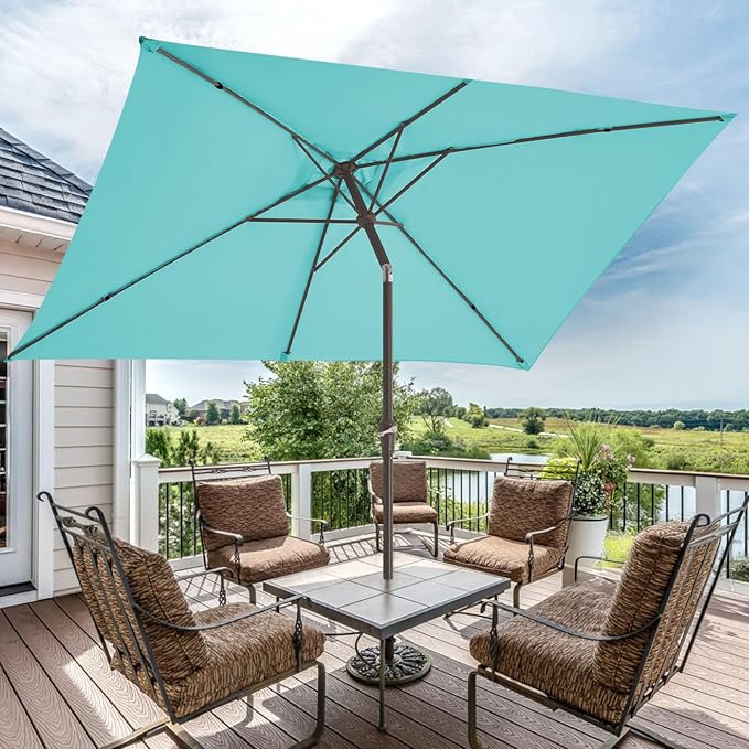 JEAREY 6.5x10 ft Rectangular Patio Umbrellas Rectangle Outdoor Umbrella with Push Button Tilt and Crank, Market Table Umbrella 6 Sturdy Ribs UV Protection for Poolside Garden Backyard Deck, Peacock Blue