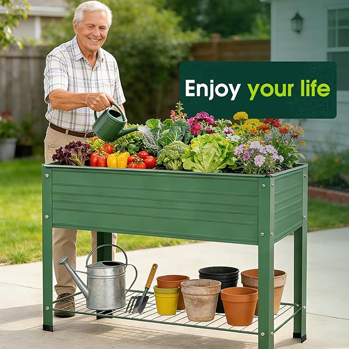 2-Pack Raised Garden Beds - Galvanized Steel Planter Boxes, 400 lb Capacity, 5 Drainage Holes & 2 Flow Channels, Elevated Garden Bed with Mesh Bottom for Outdoor Gardening