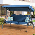 3 Seat Outdoor Porch Patio Swing with Stand 800lbs 2-in-1 Convertible Swing Bed with Adjustable Canopy & Removable Cushion for Yard Garden Deck (Blue, Round Tube)