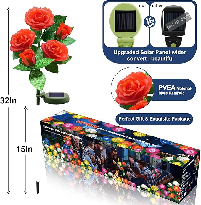 Solar Flower Lights Outdoor - Upgraded Two Modes Realistic LED Solar Powered Waterproof Roses, Decorative Stake for Garden (Orange, 1 Pack)