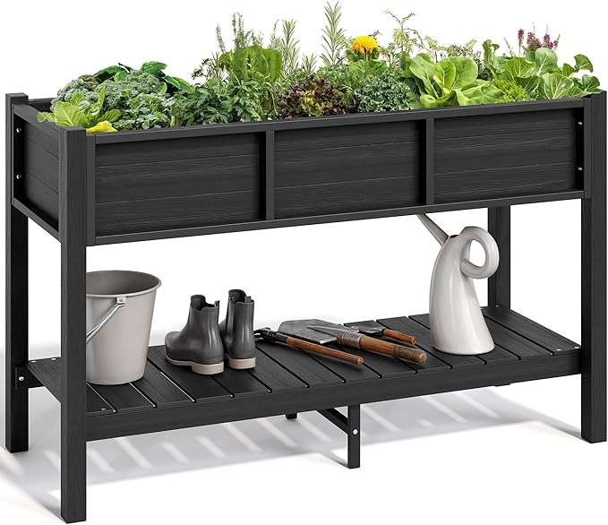 YITAHOME 48x18x30in Raised Garden Bed HDPE, Weather-Resistant Poly Lumber Planter Box with Legs & Storage Shelf, Elevated Garden Bed for Yard, Garden, Balcony - Black