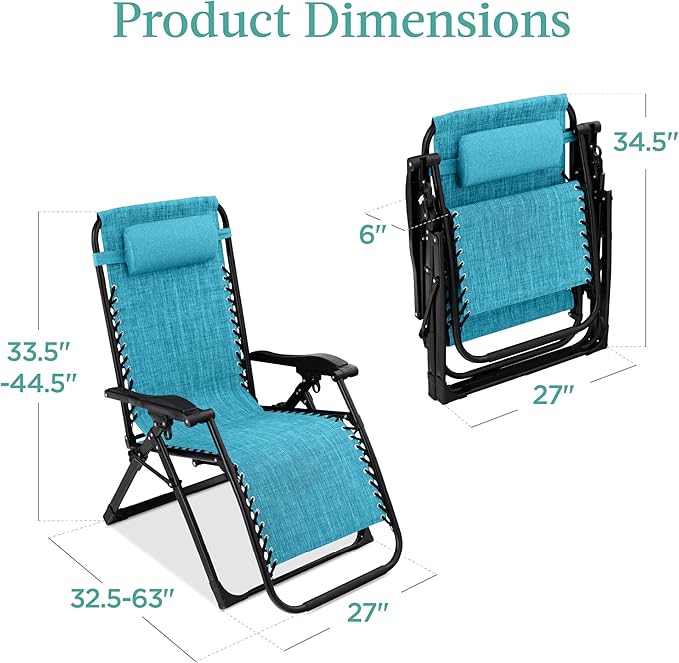 Best Choice Products Oversized Zero Gravity Chair, Folding Outdoor Patio Recliner, XL Anti Gravity Lounger w/Removable Cushion, Cup Holder, Side Tray, 350lb Capacity - Light Blue