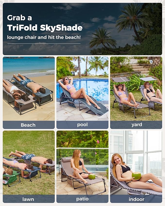KingCamp 2 Pack Tanning Chair with Face Hole, Lounge Chairs Outdoor Folding Comfy Adjustable 5-Position Foldable Chaise Chaser with Canopy Shade for Outside Beach Patio, Grey