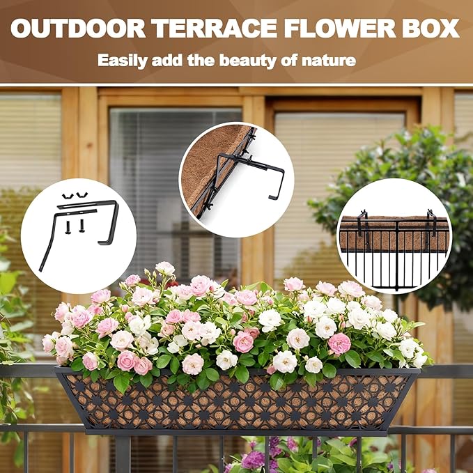 24 Inch Window Box Planters Outdoor,Deck Railing Planter Boxes with Coco Liner,Metal Hanging Window Flower Boxes for Balcony Fence Porch Garden Railing