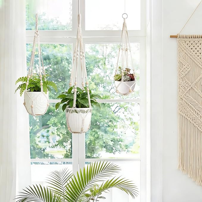 3 Pack Macrame Plant Hanger Indoor 3 Different Sizes Hanging Planter Basket Flower Pot Holder with Wood Beads & No Tassels for Boho Home Decor, 23, 30, 35 Inch, Ivory (Pot Not Included)