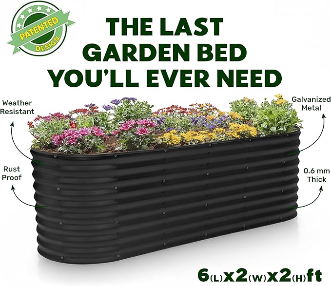 Plant & Plot Galvanized Raised Garden Beds Outdoor // 6×2×2 ft Planter Raised Beds for Gardening, Vegetables, Flowers // Large Metal Garden Box (Black) // Patented Tool-Free Design