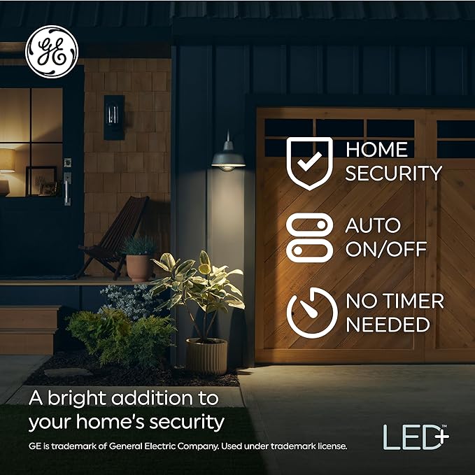 GE LED+ Dusk to Dawn A19 LED Light Bulbs, Automatic On/Off Outdoor Light, 8.5W, Soft White (3 Pack)