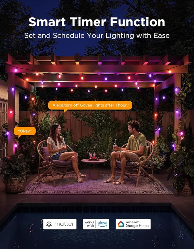 Govee S14 Bulb Outdoor String Lights 2, 48ft Smart RGBIC Warm White Patio Lights with 15 LED Bulbs, 111 Scene Modes for Outdoor Decor, Upgraded IP66 Compatible with Alexa, Google, Matter, APP Control