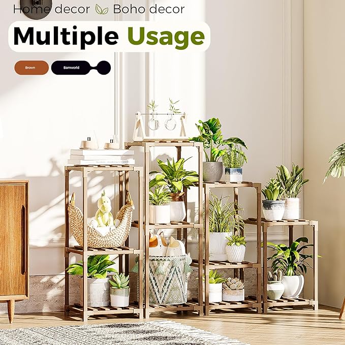 Bamworld Plant Stands Indoor 4 Sets Plant Shelves Outdoor Wooden Plant Holder for Multiple Plants Flower Stands Window