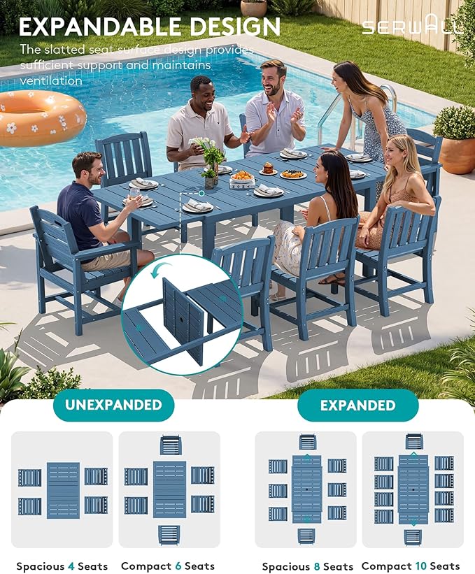 SERWALL 11-Piece Outdoor Dining Set, 60" - 83" Expandable Outdoor Dining Table and 10 HDPE Chairs, All Weather HDPE Outdoor Furniture Set for Backyard, Garden, Blue