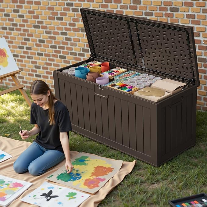 Patiowell 240 Gallon Large Outdoor Storage Box, Waterproof Deck Box with Fixed Divider, Lockable and Durable Patio Storage Solution for Patio Furniture and Garden Tools (Brown)