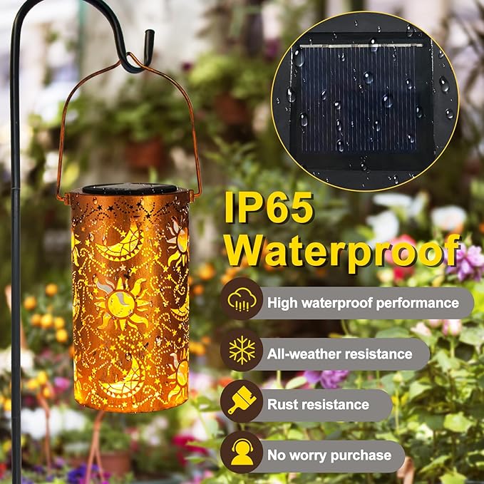 Solar Lanterns Outdoor Hanging Lantern Lights,Sun Moon Metal Decor Lanterns-Waterproof LED Decorative Light for Garden Patio Yard Lawn Backyard Front Porch as Gifts for Mom Grandma Women