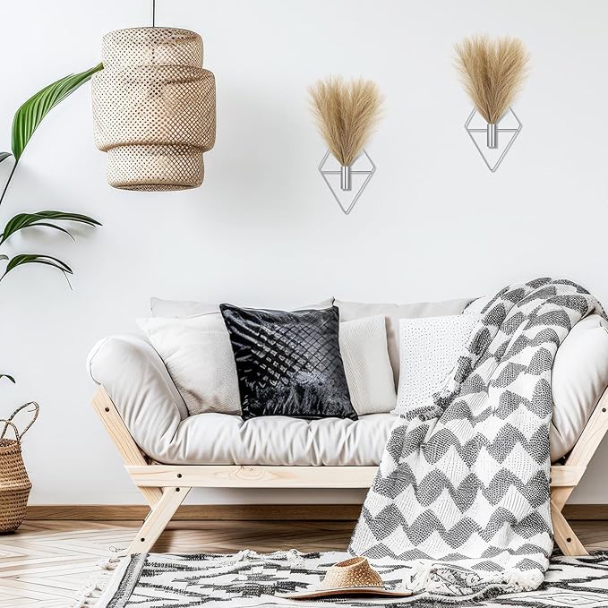 2 Pieces Boho Wall Decor Hanging Planters with Artificial Plants Metal Hanging Vase Indoor Plants Holder Modern Wall Art for Bathroom Bedroom Living Room Decor, Silver, Pampas Grass