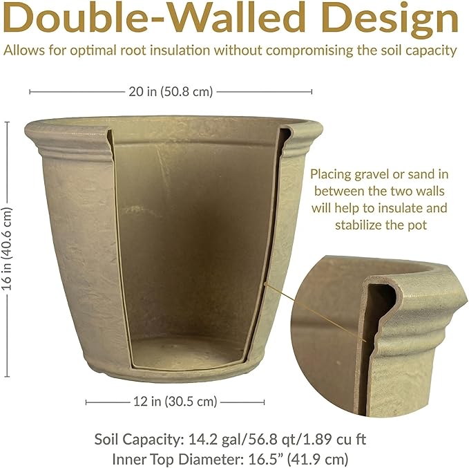 Sunnydaze 20-Inch Anjelica Large Plastic Pot for Plants - Outdoor Double-Walled Large Plastic Planter with Drillable Drainage Holes - Beige - 2pk