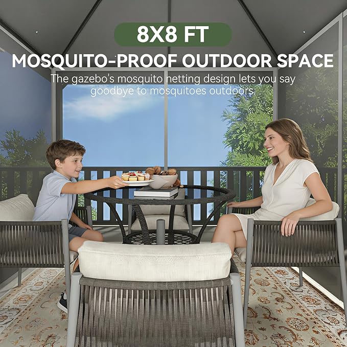 Aoxun Outdoor Gazebo for Patio 8x8, Metal Frame Canopy with Double Roofs, Heavy Duty Party Tent and Shelter with Mosquito Netting and Privacy Screen for Backyard, Lawn, Garden, Deck (Grey)