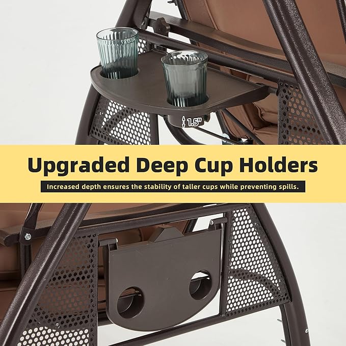 HOMREST 3 Seat Outdoor Porch Swing with 1.5" Deepened Cup Holder, Adjustable Canopy, Patio Swing Bed with Stand, Patio Glider Swing with Thicken Cushions, Pillow for Yard, Garden(Brown)