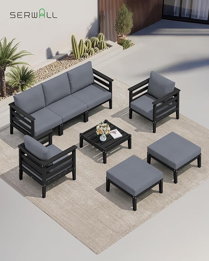 SERWALL HDPE Patio Furniture Set, 8 Pieces Composite Outdoor Furniture, All-Weather Wood-Like Outdoor Sofa Couch with Coffee Table for Deck, Lawn, Black Frame with Grey Cushion