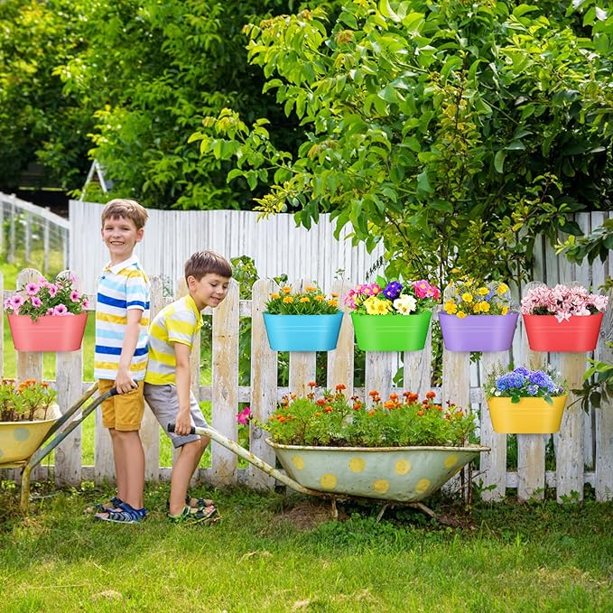 MADHOLLY Railing Planter with Drainage Holes - 6Pcs Sturdy Bucket Pots for Railing Fence, Countryside Style Metal Flower Pots for Herbs Balcony Garden Yard Decor, Colorful