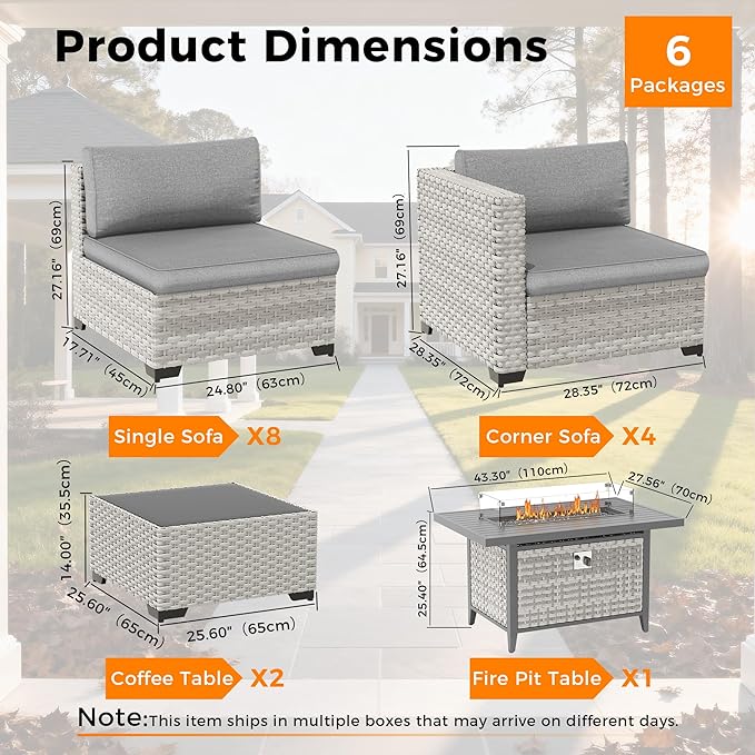 12-Seat Modern Outdoor Wicker Rattan Patio Furniture Set with 55,000 BTU Fire Pit Table, Thick 4″ Cushions, All-Weather Dual-Strand Rattan, Rust-Resistant Steel Frame,Gray