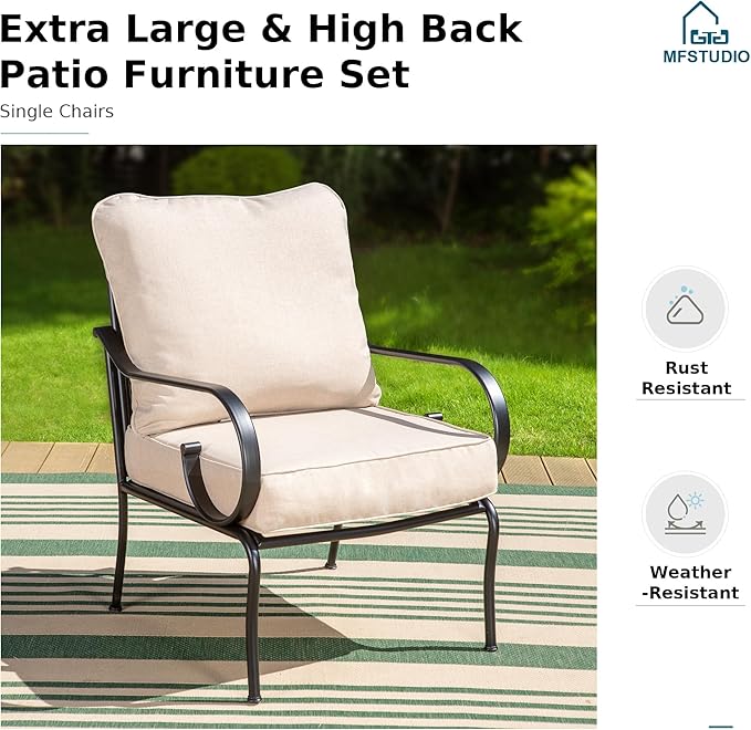 MFSTUDIO 7 Seats Metal Patio Furniture Sets, 6 Pieces Outdoor Sectional Sofa Conversation Set with 2 x Motion Chairs, 2 x Fixed Chairs, 1 x 3-seat Sofa and 1 x 45 inches Rectangular Fire Pit Table