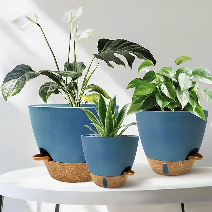 12/10/9/8 inch Self Watering Pots with Visual Water Window, Extra Large Self Watering Plant Pot with Drainage Holes and Saucers, Blue Flower Pots for Indoor Plants