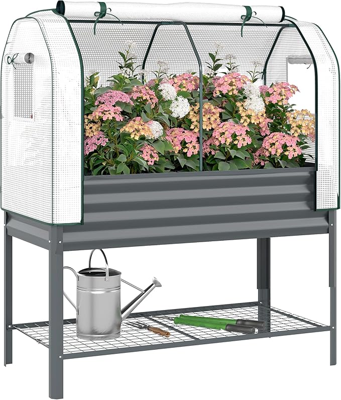 Outsunny Galvanised Raised Garden Bed with Greenhouse Cover, Metal Elevated Garden Bed with Legs, Bed Liner and Bottom Shelf, Outdoor Raised Planter Box for Vegetables, Herbs, Flowers, Dark Gray
