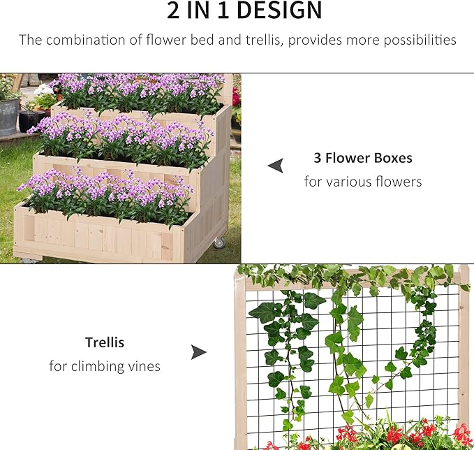Outsunny 3-Tiers Raised Garden Bed with Trellis, 53" H Vertical Planter Box with Wheels & Back Storage Area, for Flowers, Vegetables, Herbs, Natural
