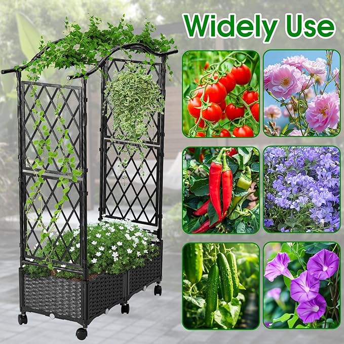 Planter Box with Trellis Outdoor, Plastic Raised Garden Bed Trellis Planter Box with Wheels and Drainage Hole for Patio Balcony Backyard Indoor Flower Vegetable Tomato, Black