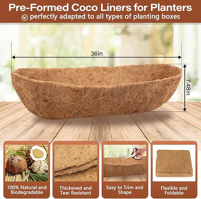Legigo 4PCS 36 Inch Natural Trough Coco Coir Liners Planters Replacement, Pre-Formed Window Basket Coconut Coir Fiber Liner for Garden Window Flower Box Pots, Fence Trough Planter, Wall Planter Basket