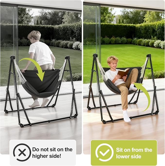2-in-1 Hammock & Swing Chair for Teens – Adjustable Folding Chair with Collapsible Steel Stand, Portable for Camping, Travel, Patio & Indoor Use, Includes Carrying Case, Supports 440 LBS
