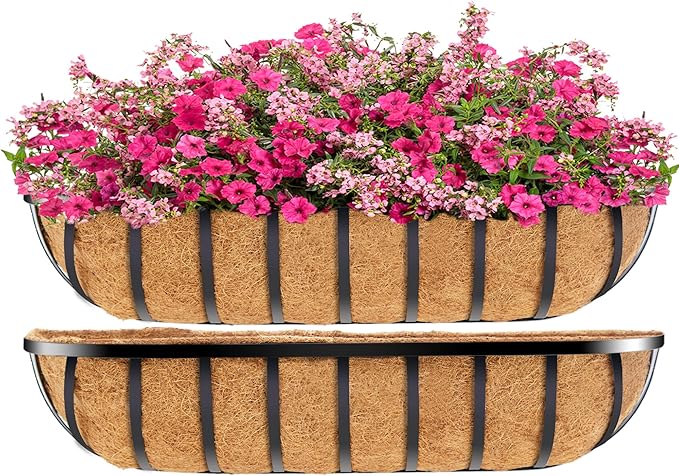 30 Inch Window Deck with Coco Liner, 30" Window Boxes Horse Trough with Coconut Coir Liner, Fence Metal Hanging Flower Planter Window Basket Deck Railing Planter Boxes for Outdoor Garden Lawn, 2pcs