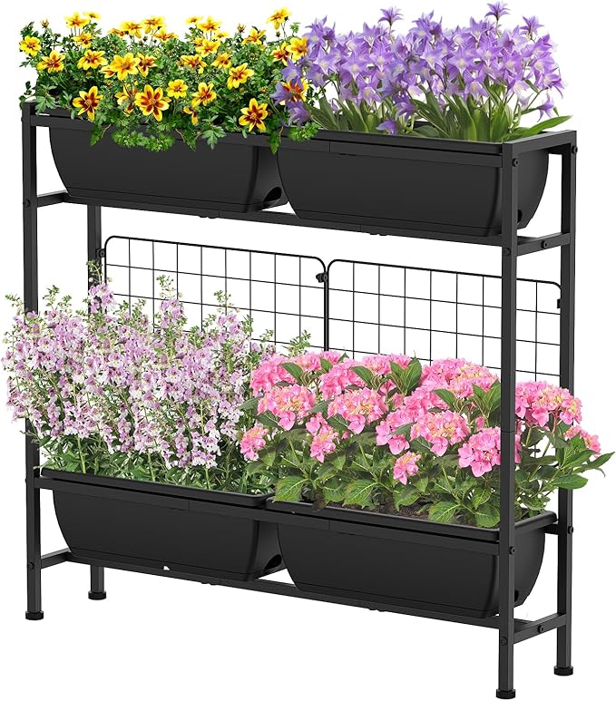 CADUKE Raised Garden Bed, Garden Raised Planter Box with Legs, 32" Elevated Vegetable Garden Beds with Drainage Holes & Trellis, Herb Garden Planter Outdoor for Vegetables, Balcony, Patio, Black