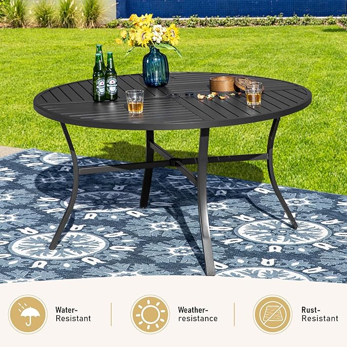 7 Pieces Patio Dining Set, 6 x Woven Rattan Chairs with Waterproof Cushion, 54” Metal Round Dining Table with Umbrella Hole, Outdoor Table and Chairs Set for Backyard Lawn and Deck