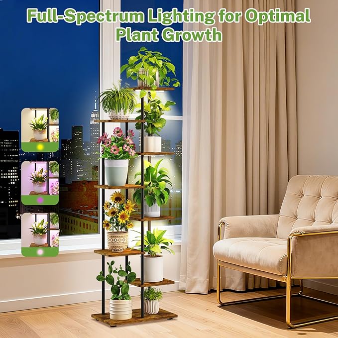 iDavosic.ly 7 Tier Tall Plant Stand Indoor with Light, Tiered Corner Metal Wood Multiple Flower Holder Shelf, 50 Inch Display Grow Rack for Living Room Bedroom, Modern Black & Rustic Brown