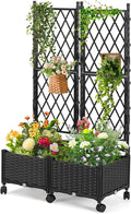 Planter Box with Trellis, 4ft Tall Self-Watering Plastic Raised Garden Beds and Lattice Trellis with Lockable Wheels & Drain Plug for Outdoor Patio Backyard Balcony, Black, 2 Pcs