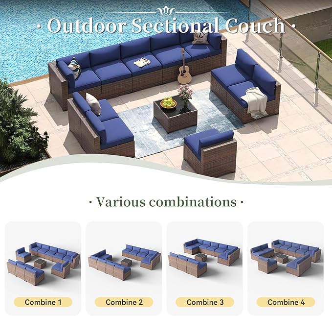 Aoxun 11 Piece Patio Furniture Set Wicker Rattan Patio Conversation Set Outdoor Sectional Sofa Set with Coffee Table and 4” Thickened Cushions, Blue(Waterproof Cover Included)