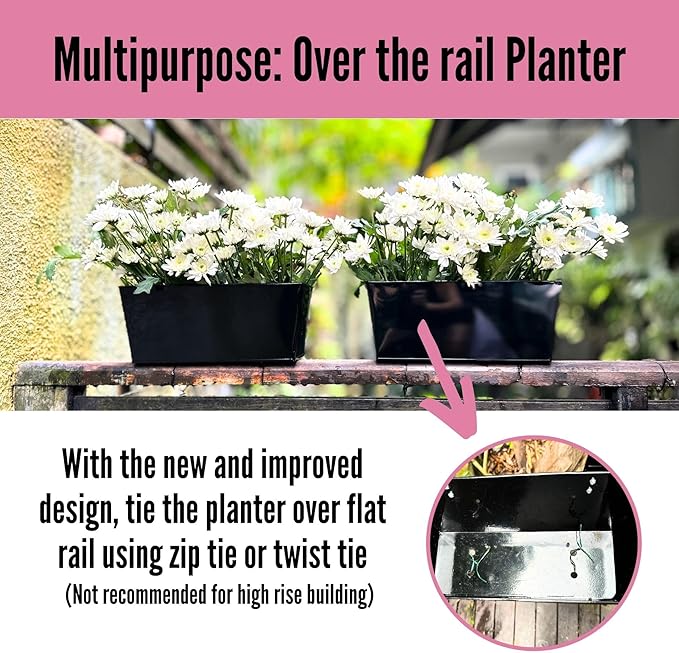 LaLaGreen Rail Planter Box (4 Pack, 16 Inch) Large Black Metal Hanging Flower Pots, Rectangle Outdoor Strawberry Plant Holder Window Balcony Deck Railing Fence Minimalist Farmhouse Countryside Style