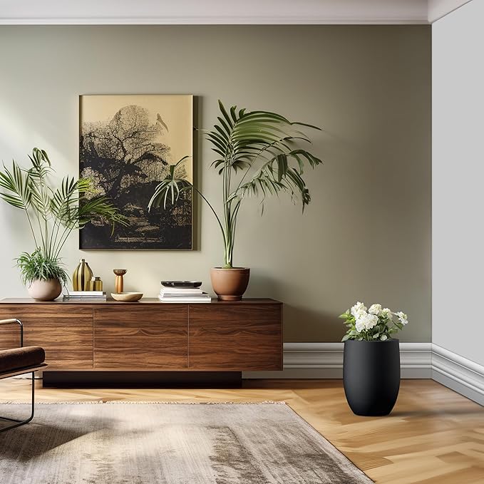 Kante 16.5 Inch Tall Concrete Planter, Large Indoor Outdoor Plant Pot with Drainage, Smooth Black Finish with Painted Interior, Ideal for Porch, Home, Garden, Patio